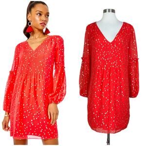 Lilly Pulitzer | Silk Cleme Red Gold Polka Dot Balloon Sleeve Shift Dress 8 EUC